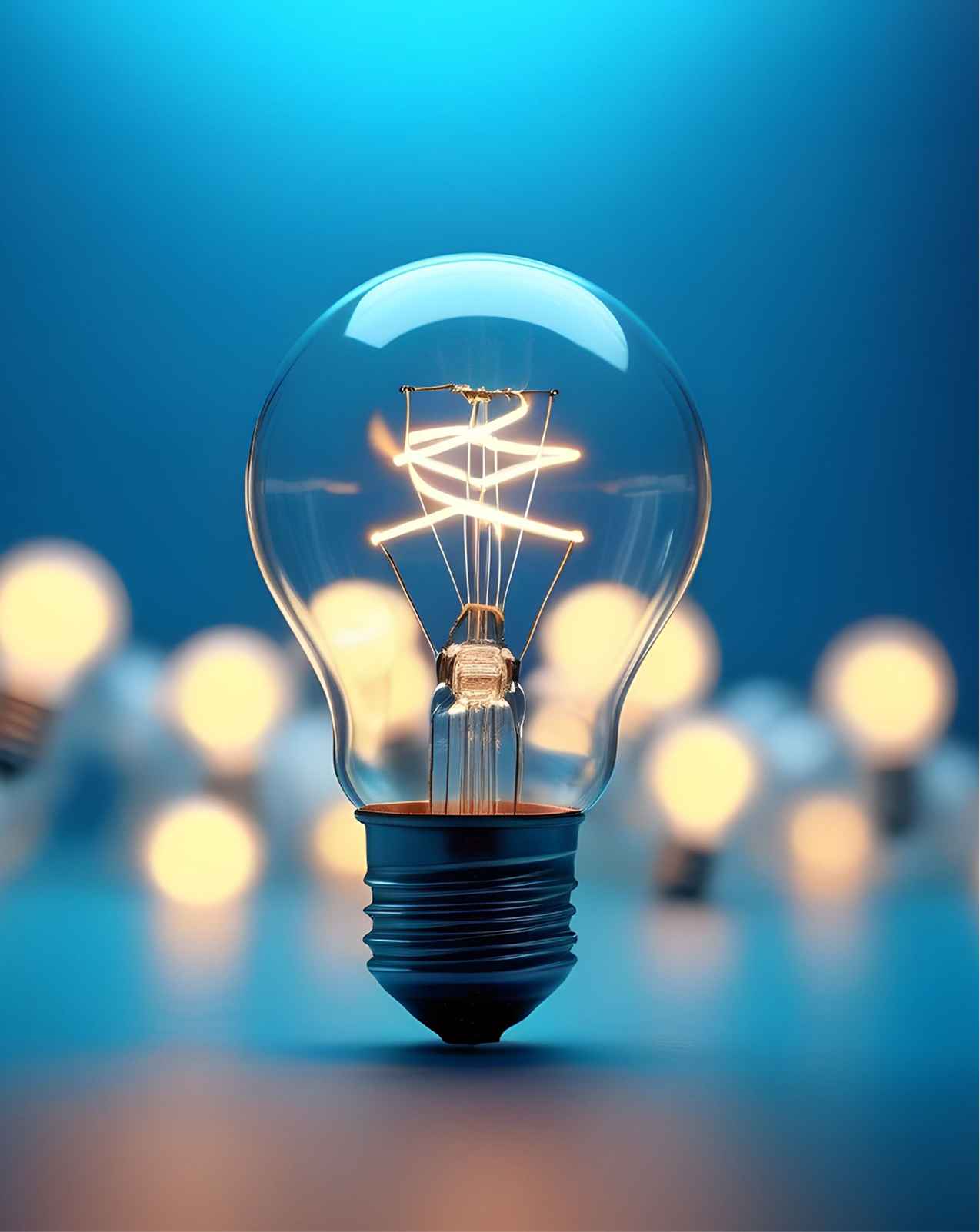 Glowing light bulb in sharp focus surrounded by softer glowing bulbs